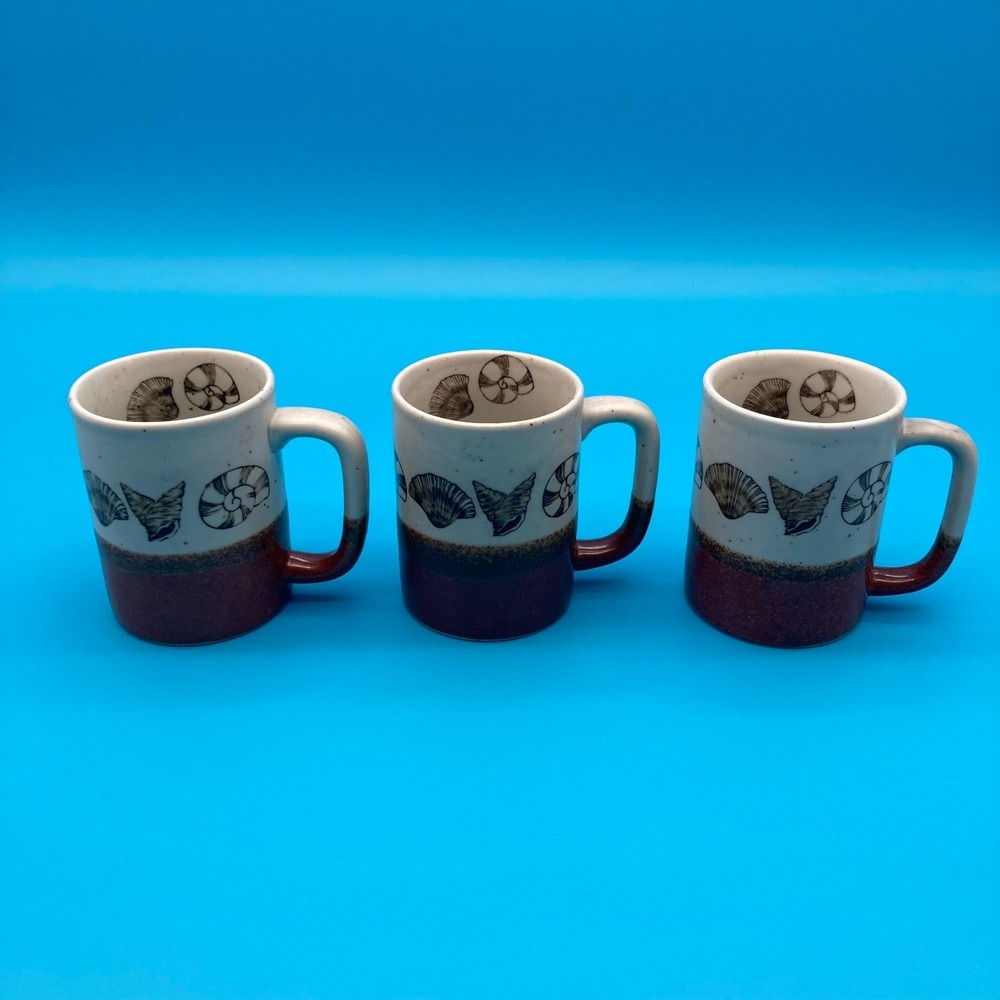Vintage Japanese Speckled Stoneware Seashell Mugs - Set of 3 Otagiri Style Boho